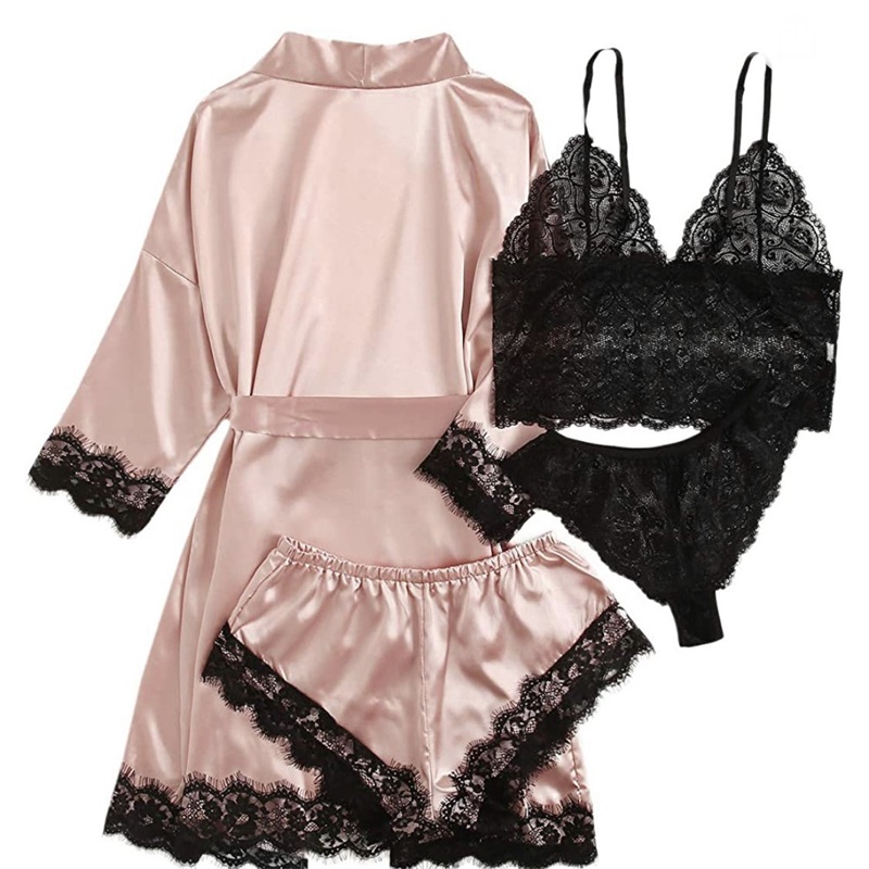 Pajamas satin-phéinteáilte lása-phéinteáilte 4-píosa